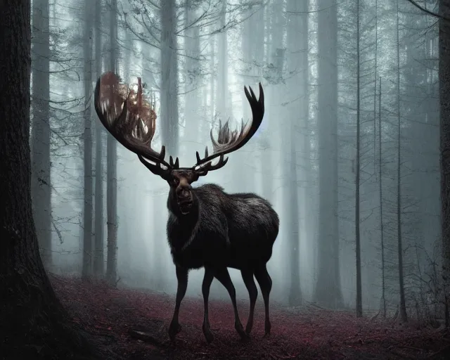 Prompt: 5 5 mm portrait photo of a demonic heavily burning moose with red eyes and antlers and looking at the camera, in a magical forest. dark atmosphere. art by greg rutkowski and luis royo. highly detailed 8 k. intricate. lifelike. soft light. nikon d 8 5 0.