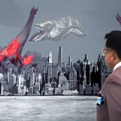 Image similar to kim jong un as godzilla destroying manhattan new york city, kim jong - un, godzilla, destruction, hyper realistic, photo