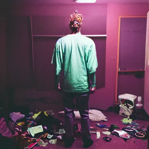 Image similar to kodak portra 4 0 0 photograph of a skinny blonde guy standing in cluttered 9 0 s cyber bedroom, back view, flower crown, moody lighting, telephoto, 9 0 s vibe, blurry background, vaporwave colors, faded!,