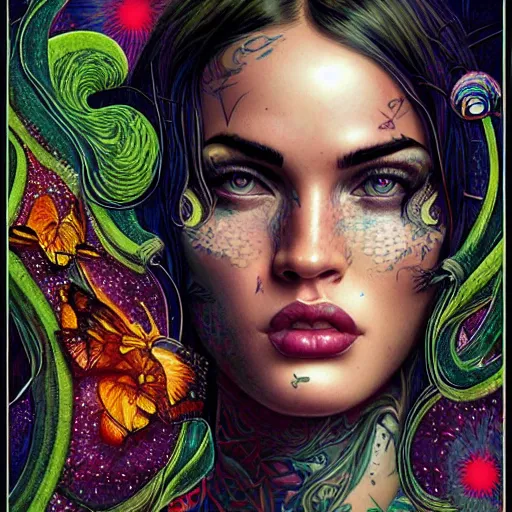 Image similar to portrait of megan fox, hyper detailed masterpiece, neon floral pattern, jean giraud, digital art painting, darkwave goth aesthetic, psychedelic, artgerm, donato giancola and tom bagshaw