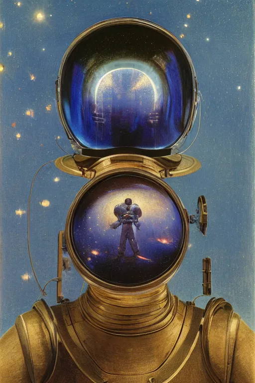 Image similar to portrait of a beautiful chrome gay male robot wearing a space helmet, reflections, mirroring, stars in space, rich clouds, warm azure tones, heavy lensflare, color bleed, film grain, depth of field, jules bastien - lepage, rudolph belarski, johfra bosschart, alexandre cabanel