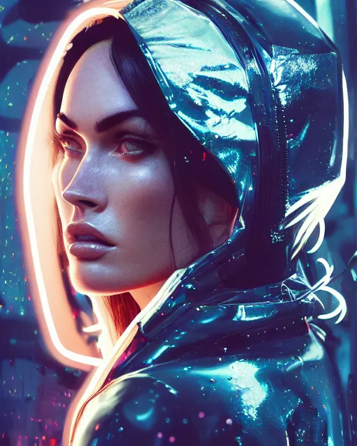 Prompt: detailed side profile portrait Megan Fox, cyberpunk futuristic neon, reflective puffy coat, decorated with traditional Japanese ornaments by Ismail inceoglu dragan bibin hans thoma greg rutkowski Alexandros Pyromallis Nekro Rene Maritte Illustrated, Perfect face, fine details, realistic shaded, fine-face, pretty face