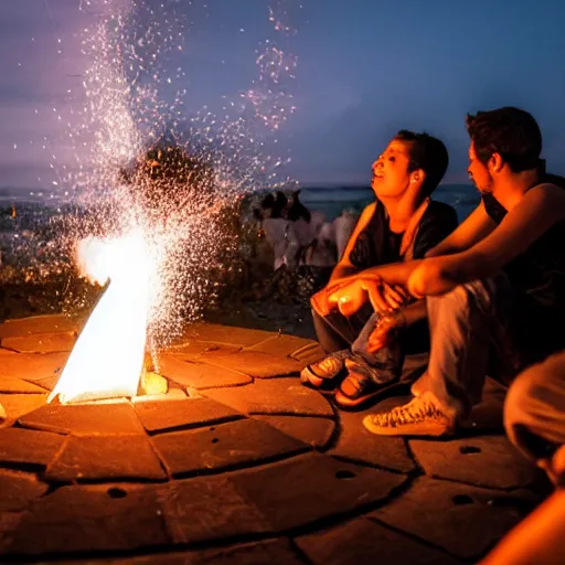 Prompt: photograph of people bonding around a firecircle, kismet, shot from behind