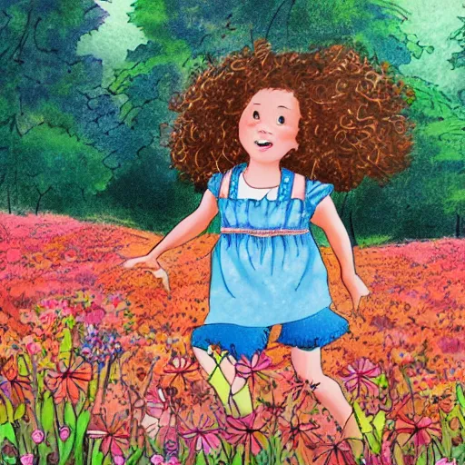 Prompt: a little girl with curly brown hair running through a field of flowers, highly detailed very beautiful fun cute children's book illustration