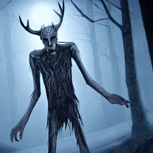 Prompt: detailed digital art of a pale, scrawny wendigo; until dawn; snow; dark, horrifying