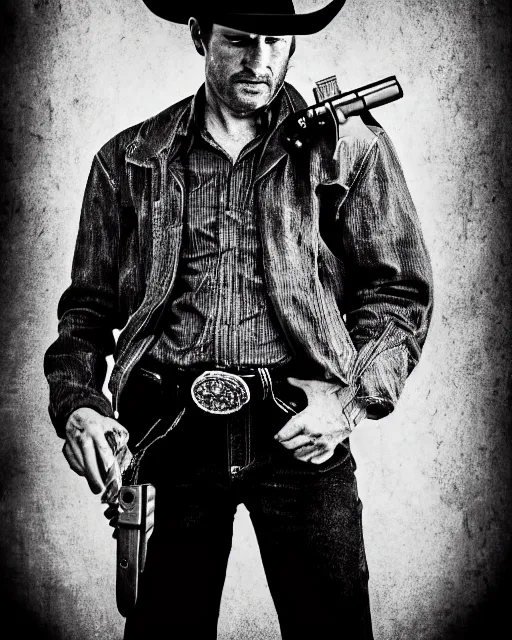 Image similar to portrait of cowboy holding revolver, detailed medium format photo, polaroid still, black and white, western, high production value, intricate details, high resolution, hyperrealistic, hdr, high definition, award winning photography, masterpiece, ultra realistic, highly detailed, hd, sharp focus, cinematic lighting, shaded, non blurry, sharp, smooth