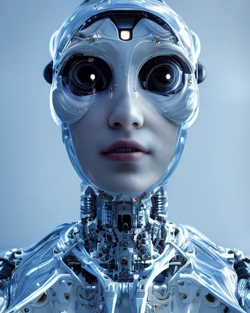 Image similar to beautiful centered fine art photo portrait of hoyeon jung as a solarpunk robotic humanoid, white mechanical parts with bright halogen lights, walking into water, ultra - realistic and detailed, white background, sunset lighting, soft focus, slow exposure hdr 8 k