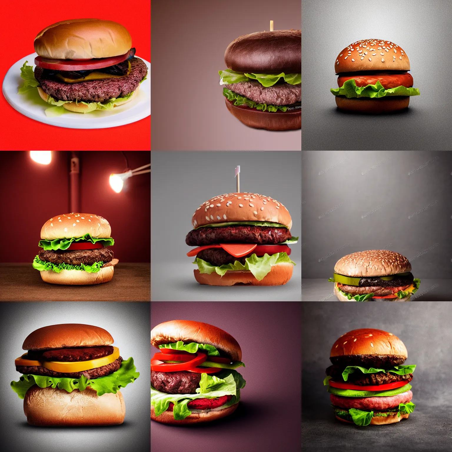 Prompt: a brown calf head on a hamburger, photorealistic, studio lighting