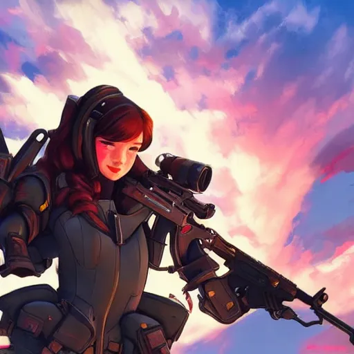 Image similar to d. va from overwatch holding ak 4 7 rifle, ektachrome bomber jacket, frank frazetta style