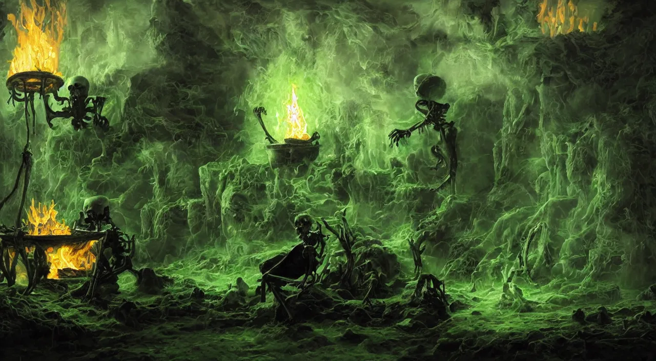 Prompt: A highly detailed oil painting by Greg Rutkowski of a skeleton wearing black robes making a potion in a huge bubbling cauldron glowing bright green, with lots of fire coming from it, highly detailed fantasy concept artwork, very realistic, green and black color scheme.