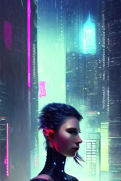 Image similar to portrait futuristic sensual cyberpunk young female Mage, in futuristic rainny thunder flashing tokyo rooftop cyberpunk night, ssci-fi, fantasy, intricate, very very beautiful, elegant, neon light, highly detailed, digital painting, artstation, concept art, soft light, hdri, smooth, sharp focus, illustration, art by tian zi and craig mullins and WLOP and alphonse mucha