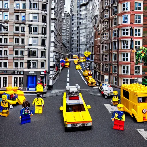 Image similar to mini lego in the city, photorealistic, highly detailed, sharp focus, vivid, symmetrical, random, convoluted, mind - blowing, creative, fully functional, physics defying, amazing, cool, atmospheric