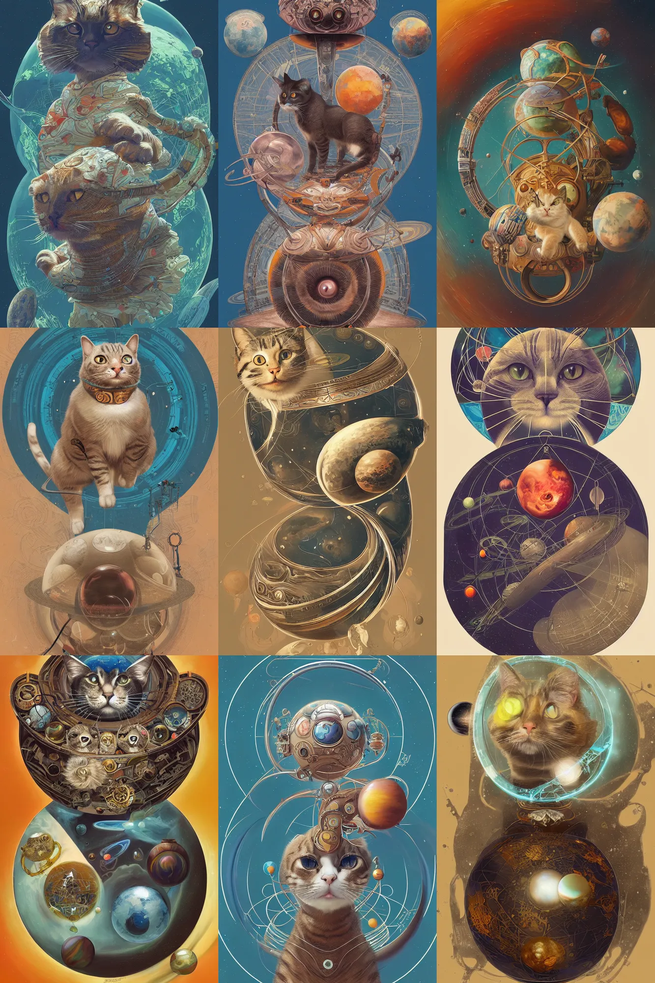 Prompt: A cat with planets circulating around it, art deco design, by Mandy Jurgens and Warhol, Ernst Haeckel, James Jean, artstation, concept art