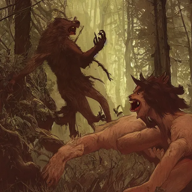 Prompt: a male werewolf with long claws fighting a young fit male vampire in a dark forest at night, by greg rutkowski and alphonse mucha, gradient brown to red, highly detailed, digital painting, artstation, concept art, smooth, sharp focus illustration