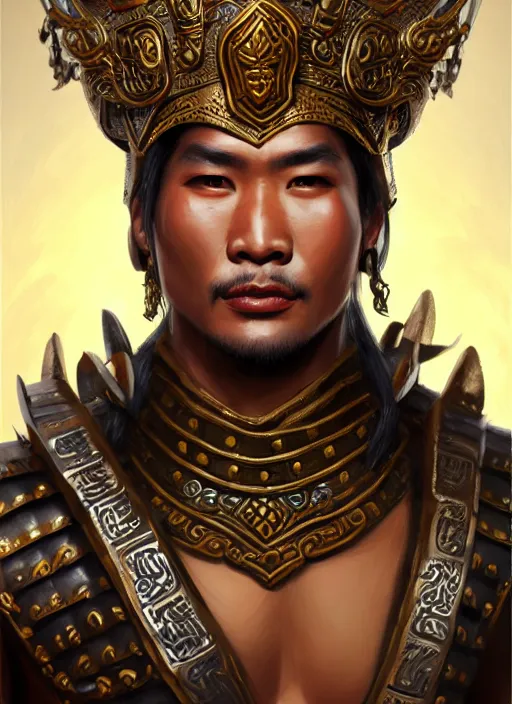 Image similar to smart tai warlord, closeup portrait, historical hero, ethnic group, khmer costume, khmer art bronze headdress, intricate, with leather armor cross on bare chest, elegant, loin cloth, highly detailed, oil painting, artstation, concept art, matte, sharp focus, illustration, hearthstone, art by earl norem