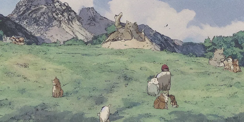 Prompt: a peaceful mountain overlooking a field, many cats, studio ghibli