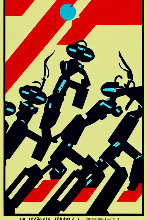 Image similar to sovietwave propaganda poster about the dangers of robots, minimalist, silkscreen, graphic design, russian text