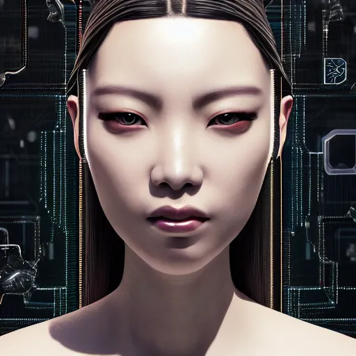 Prompt: closeup portrait of a sophisticated, fashionable cyberpunk young asian woman, rich queen, ruler of the world, medium length straight hair, high tech jewelry, an ultrafine hyperdetailed illustration by irakli nadar, matt wisniewski style, intricate linework, porcelain skin, unreal engine 5 highly rendered, global illumination, radiant light, detailed and intricate environment