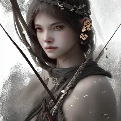 Prompt: beautiful extremely detailed intricate concept art depicting an archer by wlop. shining jewelry. grey atmosphere. particles in the background.