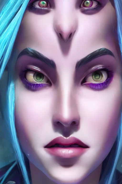 Image similar to ultra realistic facial portrait of jinx from league of legends, digital art, character portrait, highly detailed, trending on artstation, lens flare, atmosphere, hyper realistic, cinematic lightning, sharp focus, unreal engine 5, extreme details perfect face, pretty face, fine - face, illustration, 8 k, ultra texture, masterpiece