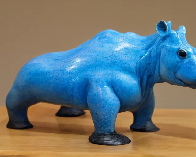 Prompt: small hippopotamus sculpture on a desk with bottom part and legs made out of wood and back and top part out of blue epoxy resin, side view centered