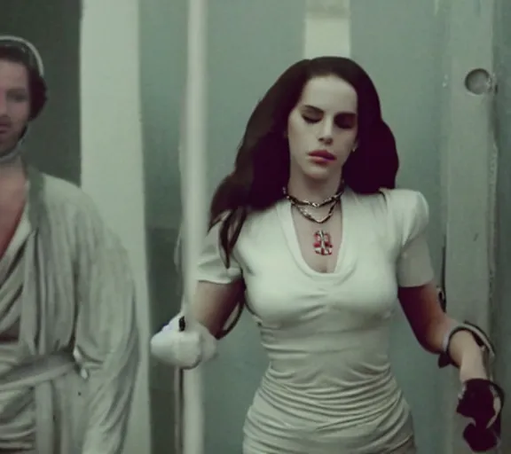 Prompt: a movie still of lana del rey as a handcuffed prisoner with a chain around her neck in the movie star wars