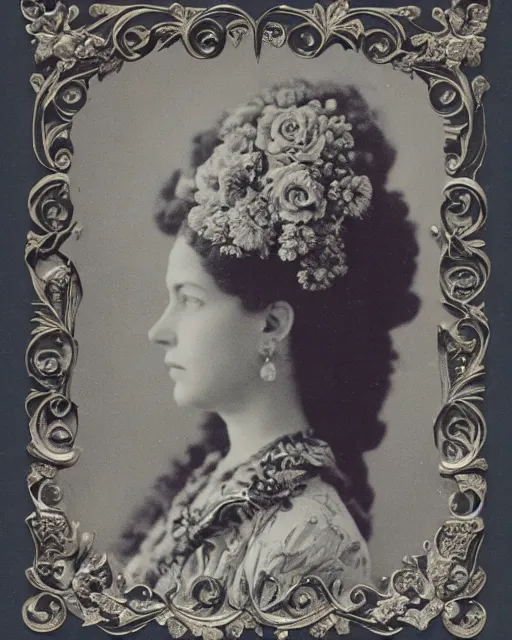 Image similar to a beautiful detailed front view portrait of marge simpson with baroque ornate growing around, flowers, plants, ornamentation, elegant, beautifully soft and dramatic lit, 1 9 1 0 polaroid photo