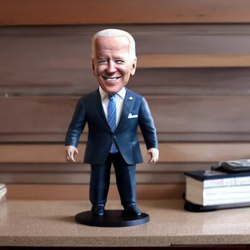 Image similar to Joe Biden as a bobble head, on a gray desk