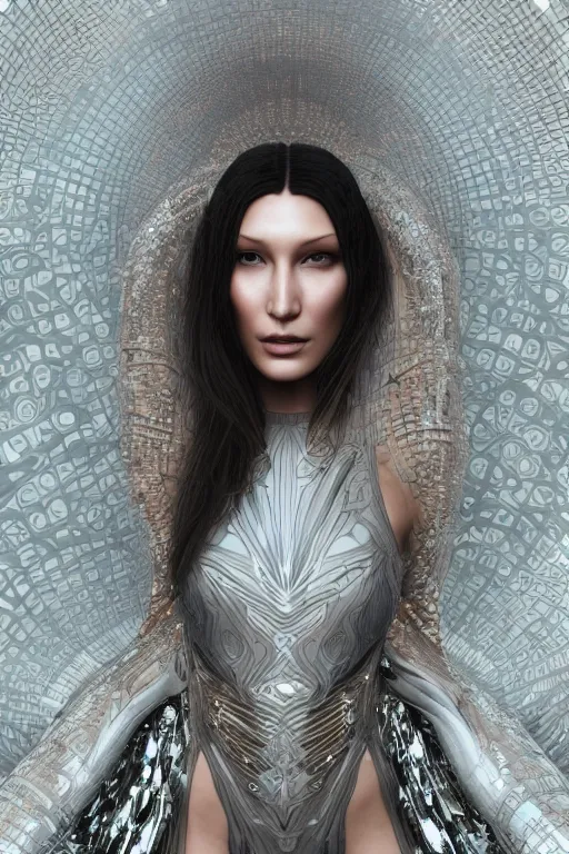 Prompt: a portrait of a beautiful ancient alien techno matrix woman goddess bella hadid in iris van herpen dress in diamonds and fractals in style of alphonse mucha art nuvo dmt trending on artstation made in unreal engine 4