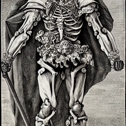 Image similar to skeleton warrior with a very ornate armor, very detailed, complex drawing, hyper detailed, renaissance, monochrome, albert durer style