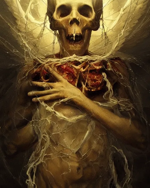 Prompt: an angel with a skull made of meat and webs for the head, organic painting, dark, bold shapes, by greg rutkowski, by satoshi kon, trending on artstation, dramatic lighting, horror, angelical