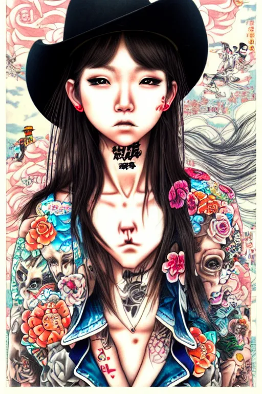 Image similar to full view of cowboy girl from taiwan with tattoos, wearing a cowboy hat, style of yoshii chie and hikari shimoda and martine johanna, highly detailed