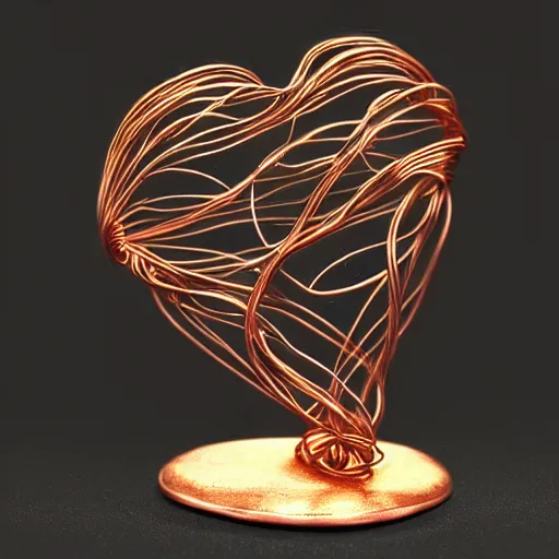 Image similar to a very beautiful tiny human heart organic sculpture made of copper wire and threaded pipes, very intricate, curved. studio lighting, high resolution, high quality, black background