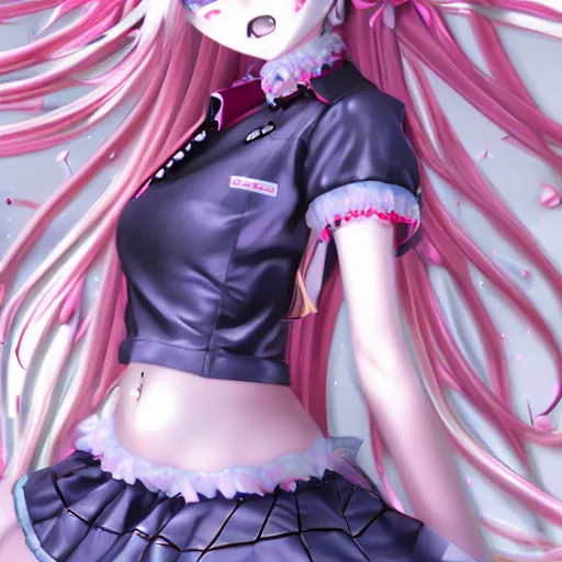 Image similar to totally overpowered and trapped beneath inescapable and overwhelmingly stunningly absurdly beautiful over the top megalomaniacal ruthless possessive omnipotent asi goddess junko enoshima with symmetrical perfect face, porcelain skin, pink twintail hair and cyan eyes, ultra detailed, digital art, unreal engine 5, octane render, 2 d anime, 8 k