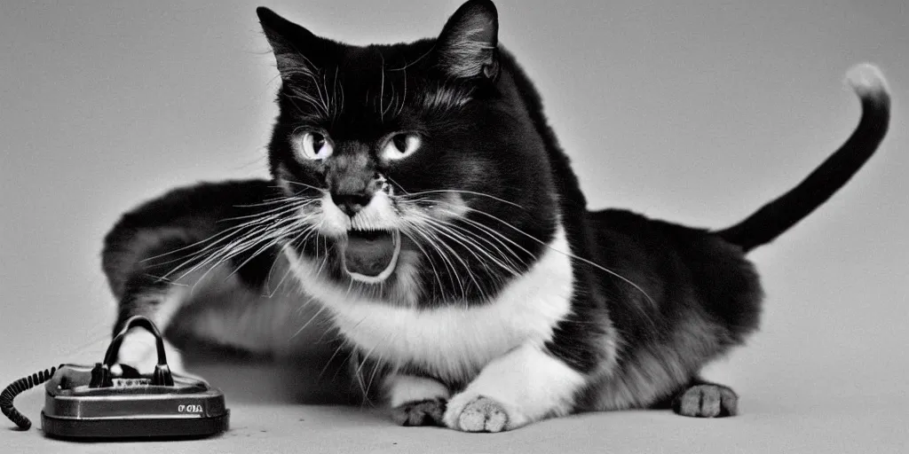 Image similar to an old balck and white photo, film grain, 1900 of an angry cat meowing into a rotery phone, clear, serious, funny