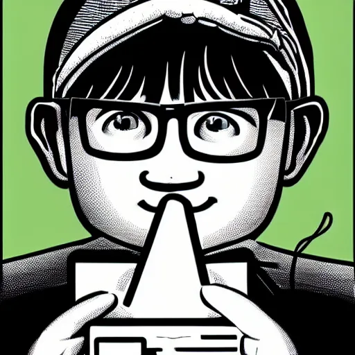 Prompt: illustration of a boy connected to his laptop with wires, highly detailed, by butcher billy, mcbess, rutkowski