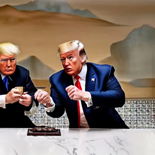 Prompt: donald trump and kim jong un drinking tea together in a skyscraper in central pyongyang, with the view out the window of kim il - sung square in the background, soft faraway lights over them, coffee shop setting, very realistic, very intricate, very detailed, photorealistic, hd