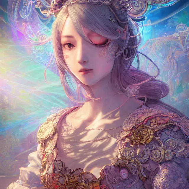 Prompt: studio portrait of neutral good rainbow colorful female cleric bard healer as absurdly beautiful, elegant, young skinny gravure idol, an ultrafine hyperdetailed illustration by kim jung gi, intricate linework, beams of light, sharp focus, bright colors, octopath traveler, final fantasy, unreal engine 5 highly rendered, global illumination, radiant light, detailed and intricate environment