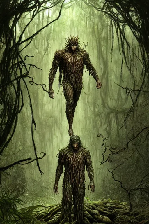 Image similar to realistic photo of the swamp thing, through the creepy forest, on the way lies a rotting corpse among the rocks. and he takes it in his hands. deep focus, intricate, elegant, highly detailed, digital painting, station art, concept art, matte, sharp focus, illustration, art by artgerm and greg rutkowski and alphonse mucha