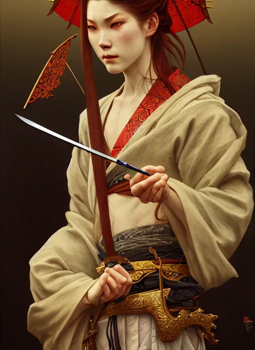 Image similar to samurai, diffuse lighting, fantasy, intricate, elegant, highly detailed, lifelike, photorealistic, digital painting, artstation, illustration, concept art, smooth, sharp focus, art by John Collier and Albert Aublet and Krenz Cushart and Artem Demura and Alphonse Mucha