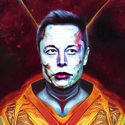 Prompt: elon musk is twoface one face side has dragonskin fantasy sharp focus intricate elegant digital painting