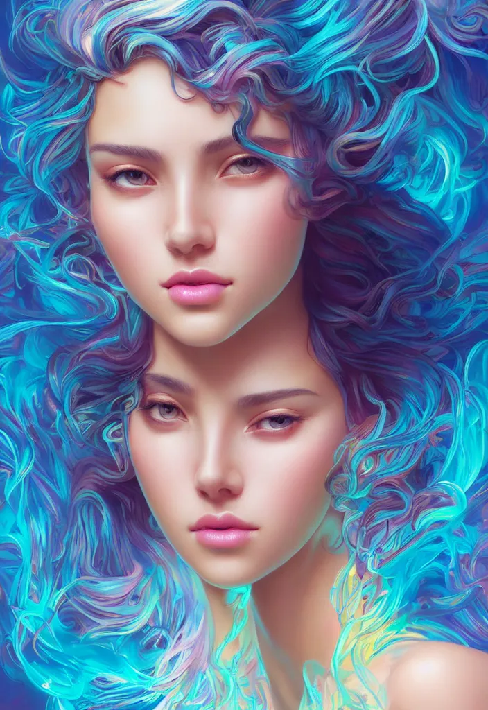 Prompt: beautiful, young woman, detailed gorgeous face, vaporwave aesthetic, synthwave, water waves, colorful, psychedelic, artstation, concept art, smooth, extremely sharp detail, finely tuned detail, ultra high definition, 8 k, unreal engine 5, ultra sharp focus, illustration, art by artgerm and greg rutkowski and alphonse mucha