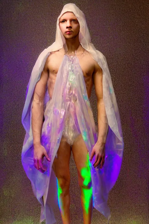 Image similar to full-body rococo and cyberpunk delicate neon crystalline sculpture of ((muscular slender albino prince Nick Jonas)) (((con la piroca dura))) as an iridescent humanoid deity wearing a thin see-through ((plastic hooded cloak)) sim roupa (holding a human skull), reclining con (((las piernas abiertas))), glowing pink face, crown of (white lasers), large diamonds, swirling black silk fabric. futuristic elements. oozing glowing liquid, full-length view. space robots. intricate artwork by caravaggio. Trending on artstation, octane render, cinematic lighting from the right, hyper realism, octane render, 8k, depth of field, 3D