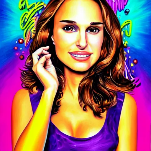 Image similar to beautiful realistic portrait of Natalie Portman as a rock star by Lisa Frank
