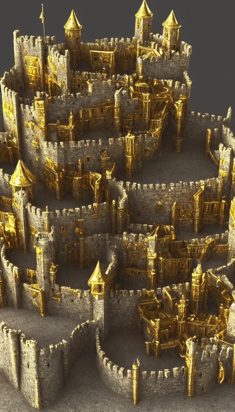 Prompt: highly detailed photo of ancient castle made of gold and silver in the middle of nowhere, hyper realistic, concept art, 8 k detail post - processing