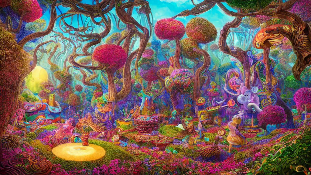 Prompt: alice in wonderland dmt tripping, sacred geometry by greg rutkowskivery coherent, hyper realism, high detail, vivid colors, octane render, unreal engine, 8 k, smooth gradients, high contrast, depth of field by jacek yerka