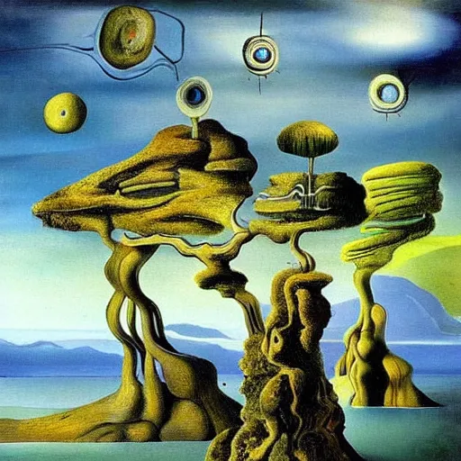 Image similar to painting of a lush natural scene on an alien planet by salvador dali. beautiful landscape. weird vegetation. cliffs and water.