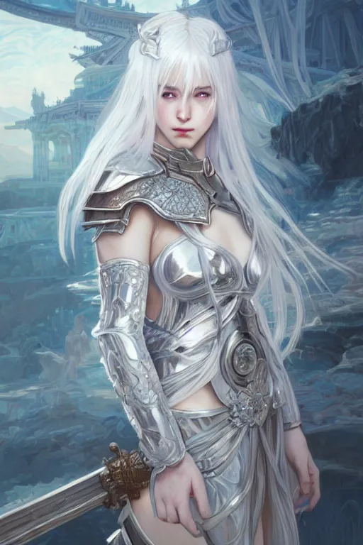 Image similar to portrait white hair knights of Zodiac girl, Sliver ice color reflected armor, in ruined Agora of Athens Sunrise, ssci-fi and fantasy, intricate and very very beautiful and elegant, highly detailed, digital painting, artstation, concept art, smooth and sharp focus, illustration, art by tian zi and WLOP and alphonse mucha