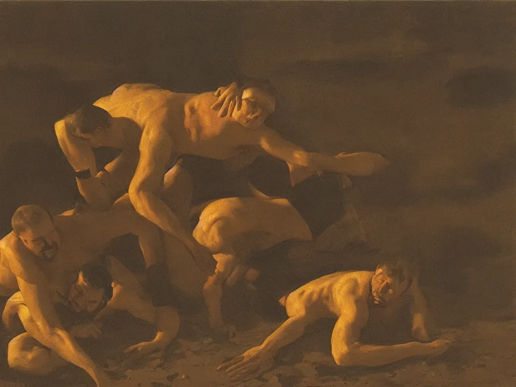 Image similar to Two men wrestling in the mud. Candle light. Painting by Georges de la Tour.