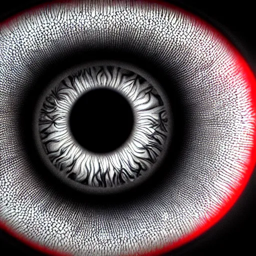 Image similar to a detailed extremely close up of inside the iris, cornea, red image, microscopic, extremely close up drawing by junji ito, cgsociety, generative art, lovecraftian, parallax, cosmic horror, extremely detailed, hyperrealism, unreal engine, octane render, award winning, masterpiece, highly detailed, realistic, 4 k, digital